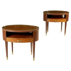 Pair of Nightstands Mahogany Brass Glass Vintage Italy, 1950s