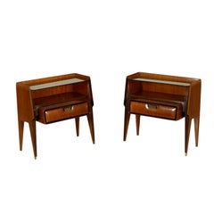 Pair of Nightstands Mahogany Veneer Brass Glass Vintage, Italy, 1950s