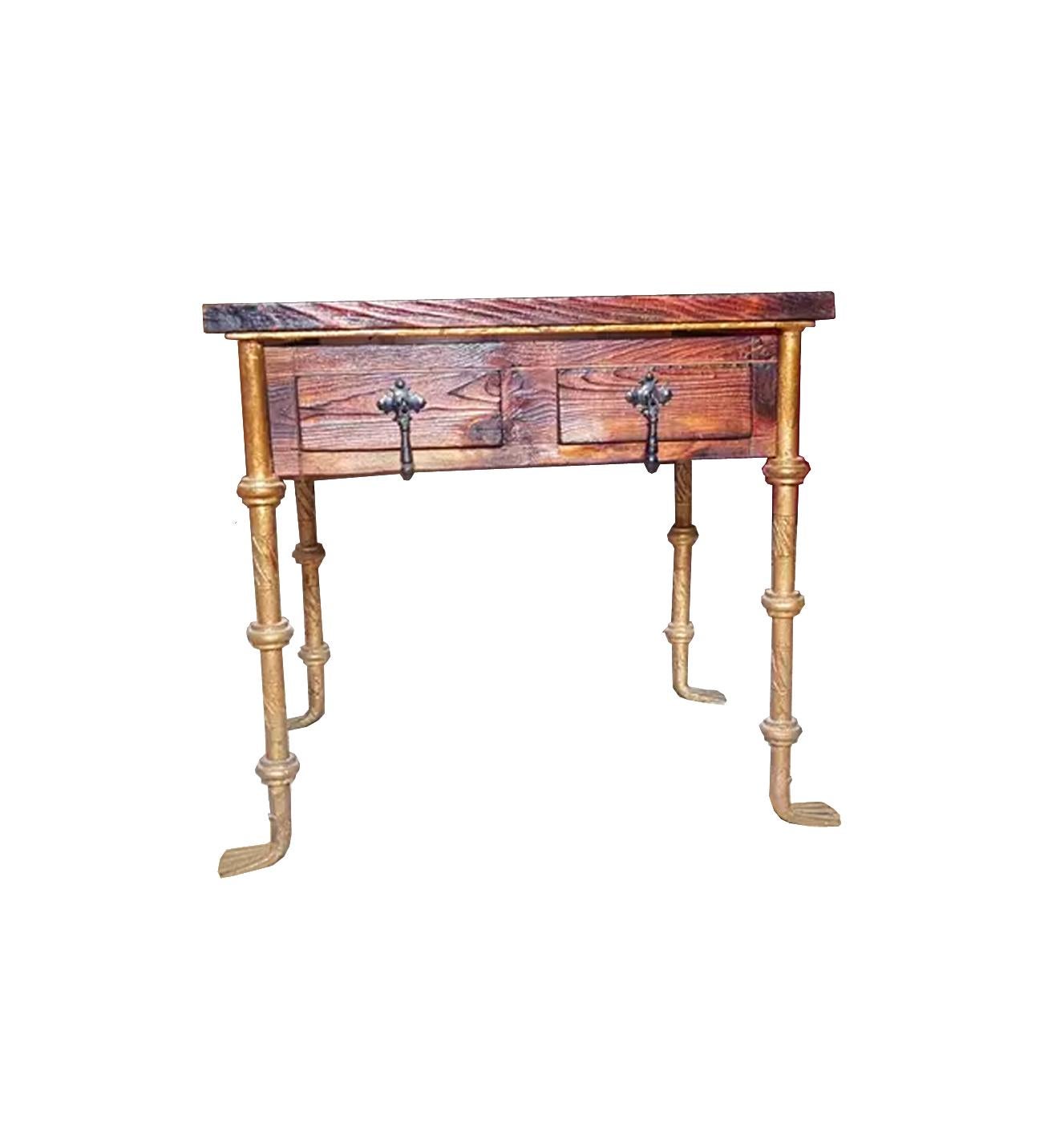 Italian midcentury / 1950s pair of nightstands or bedside tables with three drawers 

Two brutalist style nightstands
 Made of wood with a drawer with claw-shaped gilt wrought iron legs typical of this period.


 