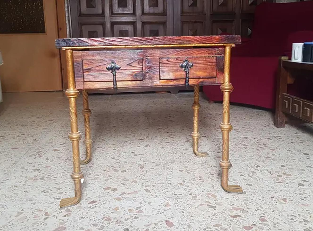 Pair of Nightstands or Bedside Tables, Midcentury Italy, Iron Forged and Wood In Good Condition In Mombuey, Zamora
