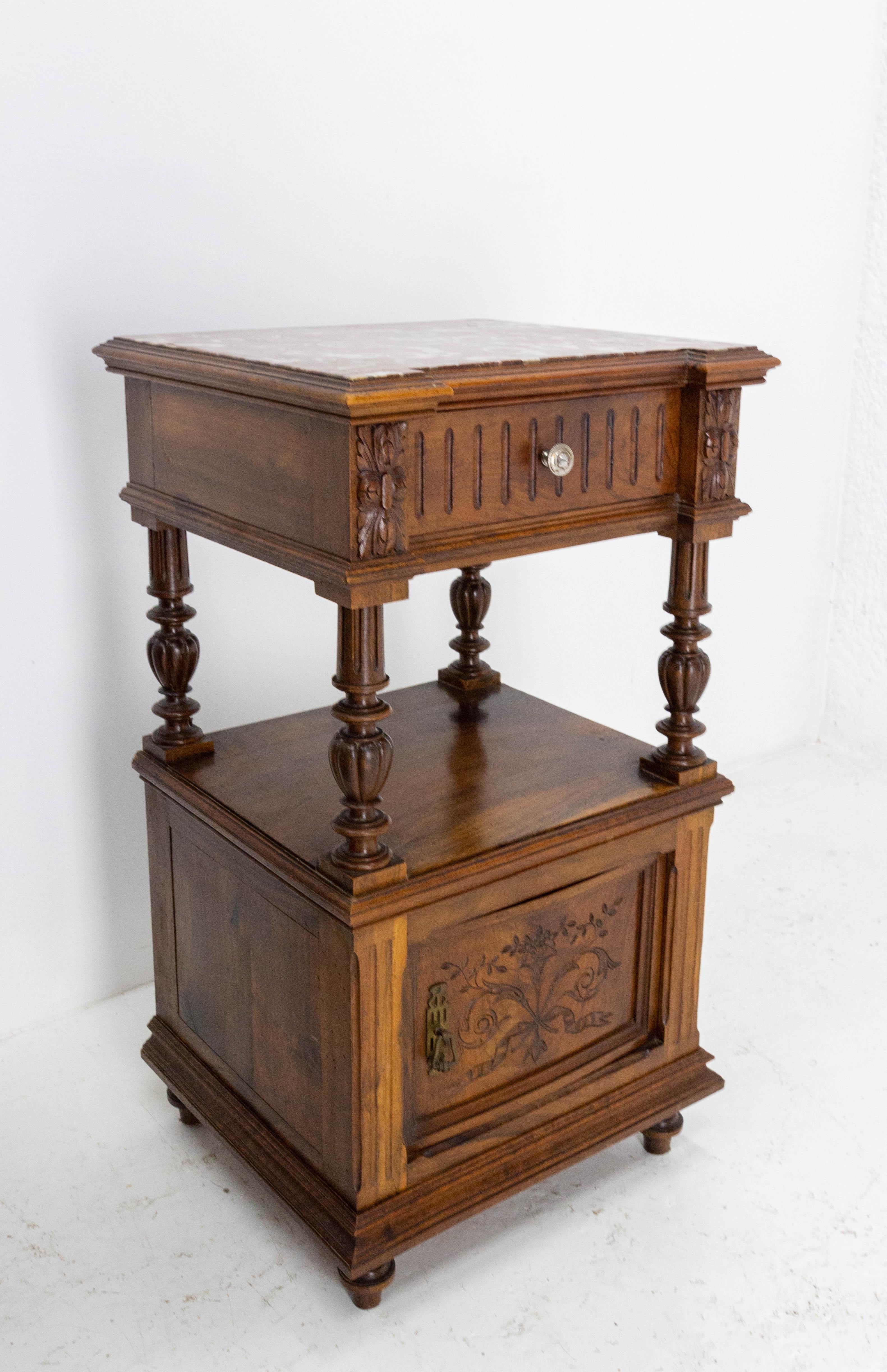 Pair of Nightstands Red Marble Walnut Bedside Tables Side Cabinets, French, 1910 5