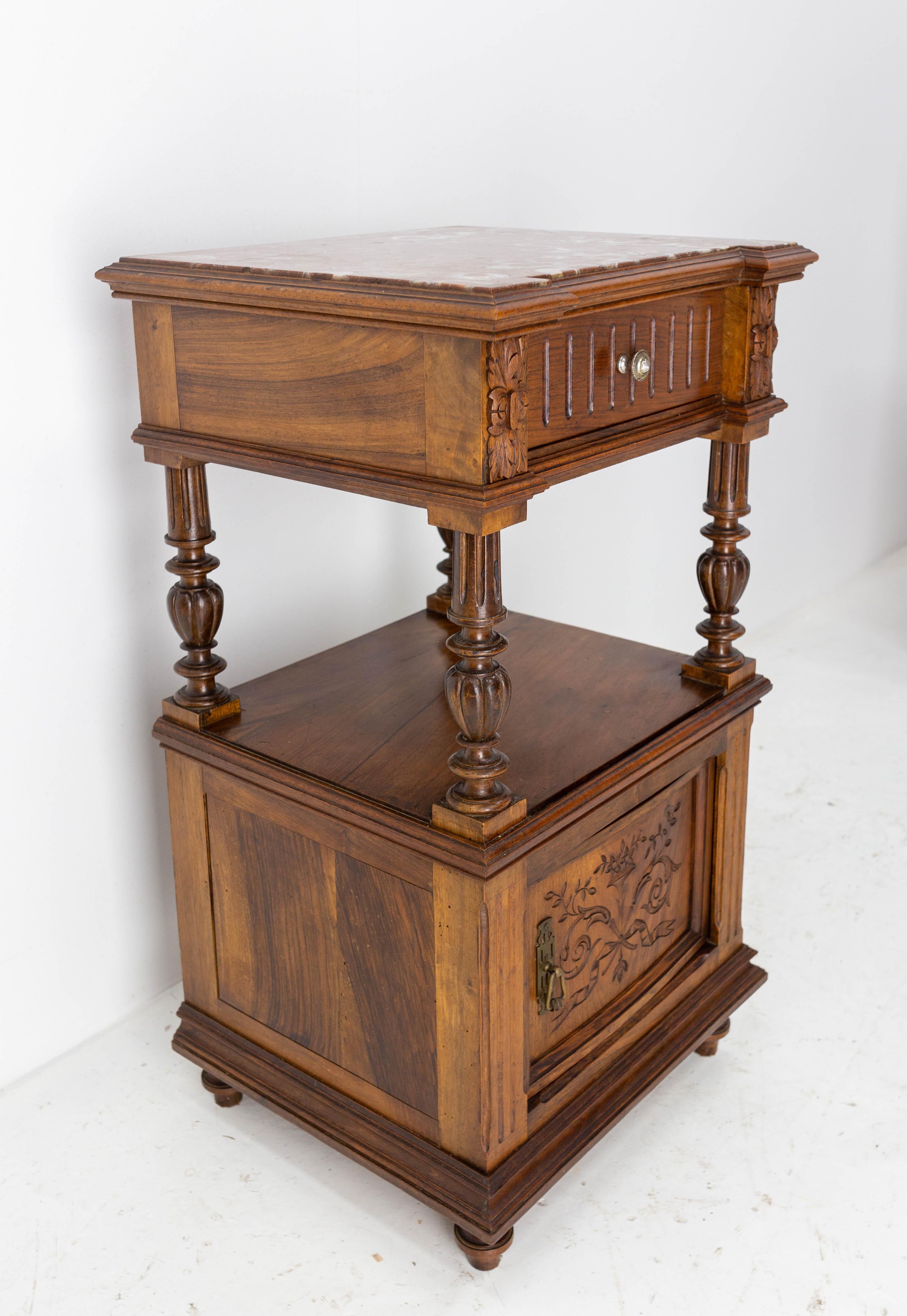 Pair of Nightstands Red Marble Walnut Bedside Tables Side Cabinets, French, 1910 6
