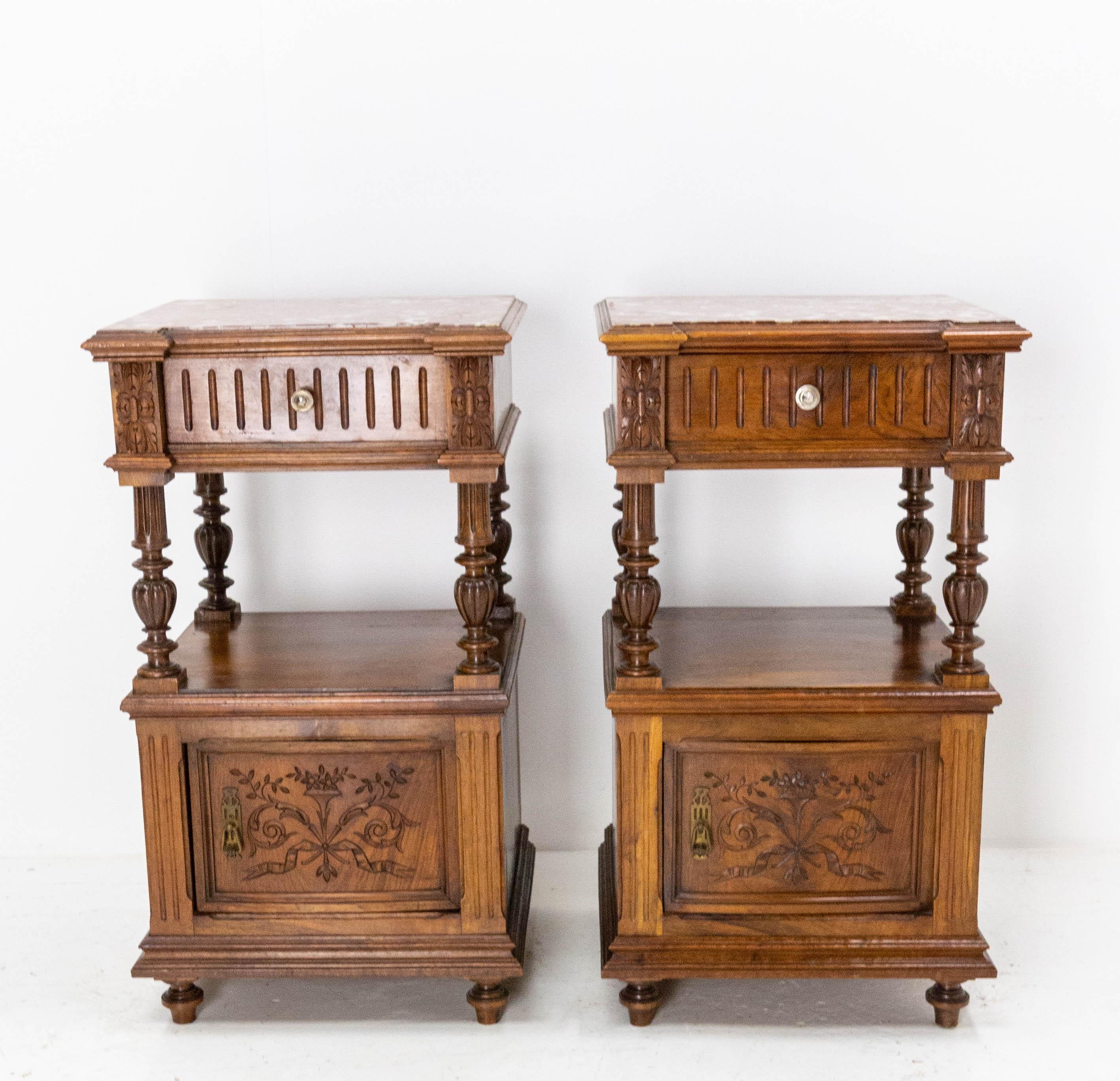 Pair of side cabinets French with columns and carved of plants patterns, early 20th century
Walnut and red marble top
Bedside tables with one drawer and a cabinet fitted with porcelain (the porcelain can be removed if you like)
Good antique