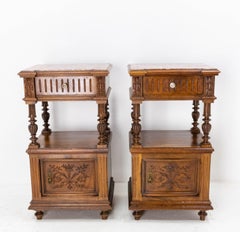 Pair of Nightstands Red Marble Walnut Bedside Tables Side Cabinets, French, 1910