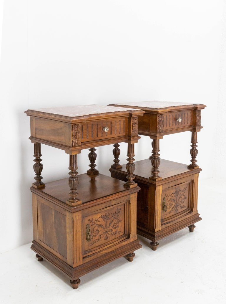 Hand-Carved Pair of Nightstands Red Marble Walnut Bedside Tables Side Cabinets, French, 1910