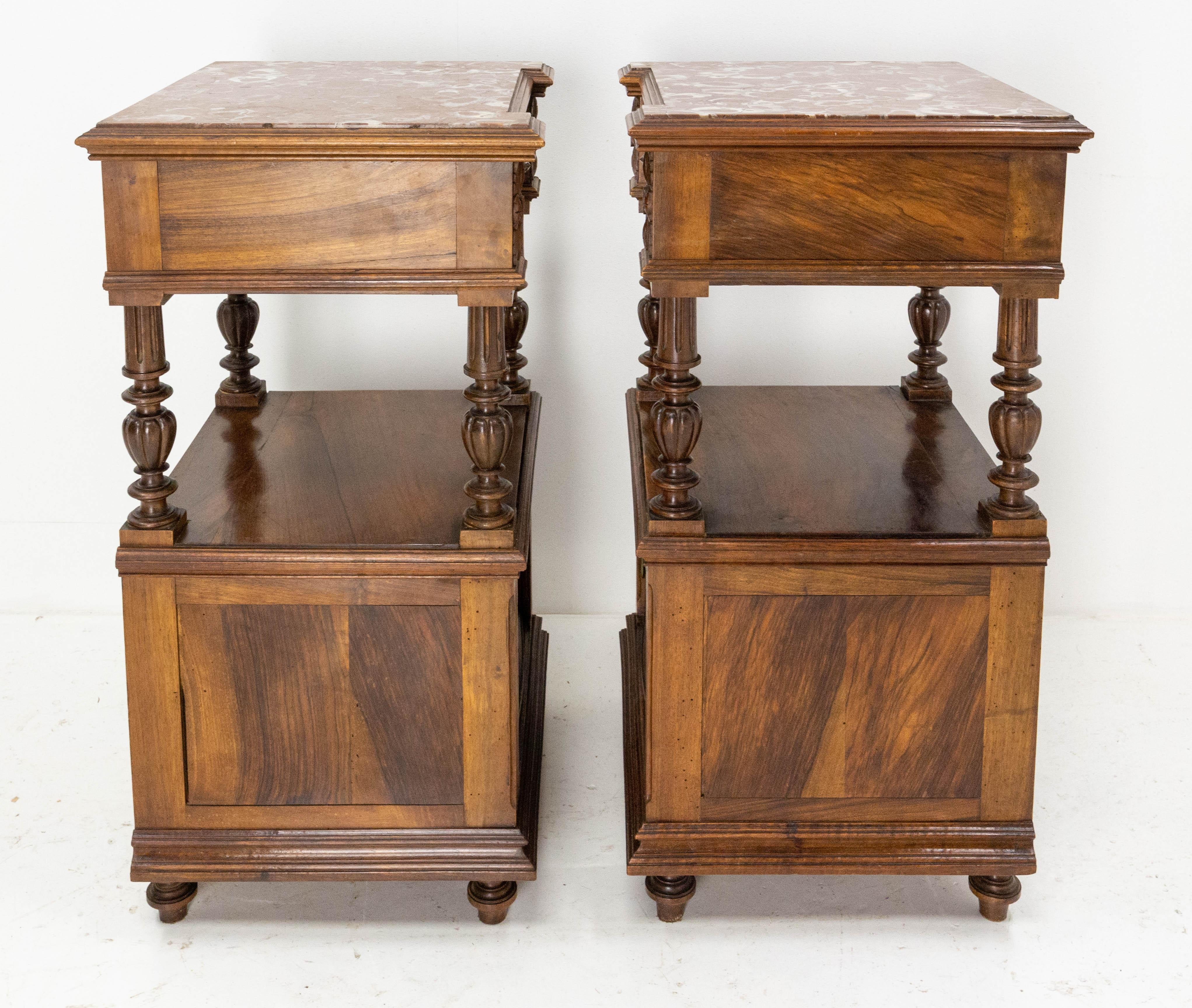 20th Century Pair of Nightstands Red Marble Walnut Bedside Tables Side Cabinets, French, 1910