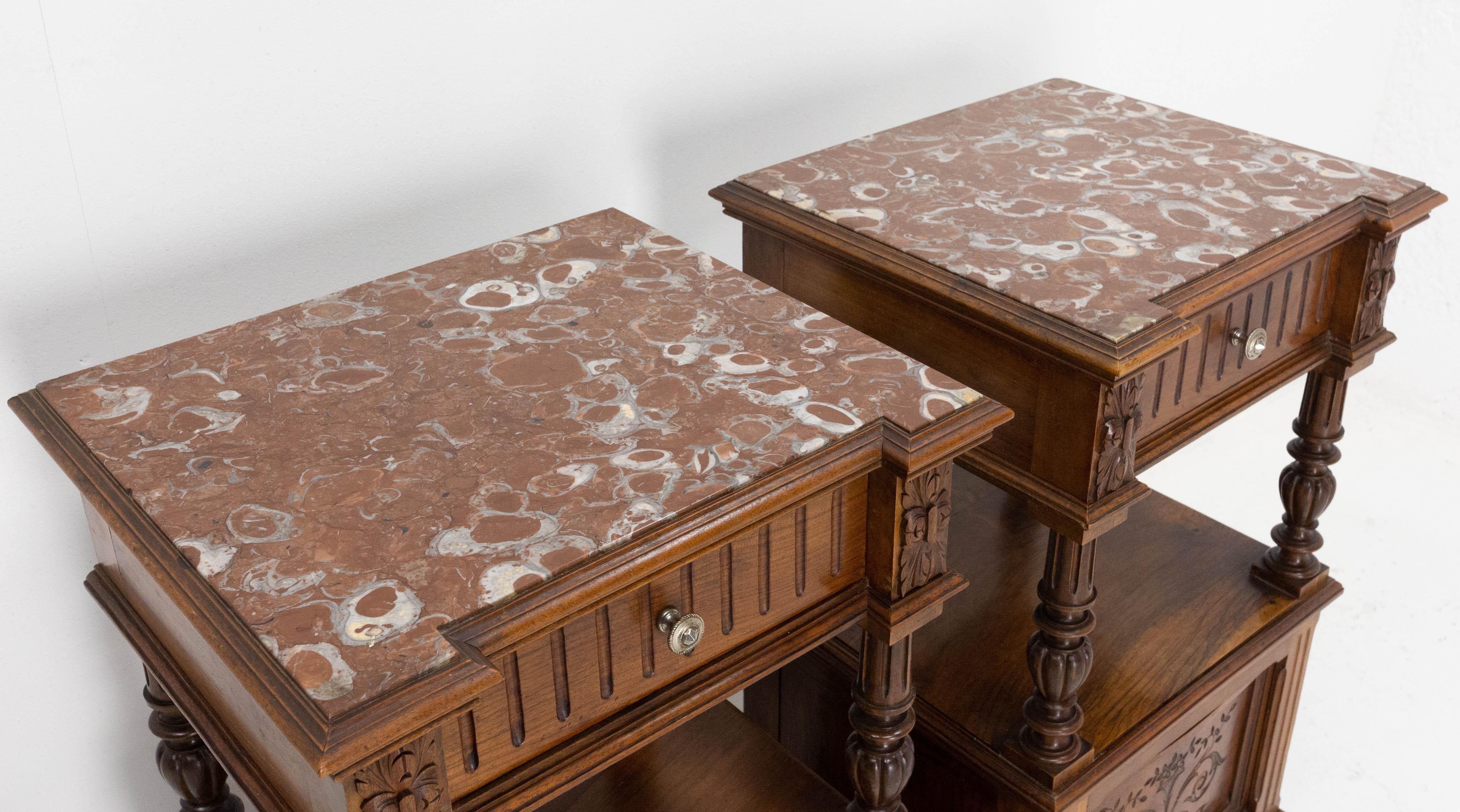 Pair of Nightstands Red Marble Walnut Bedside Tables Side Cabinets, French, 1910 2