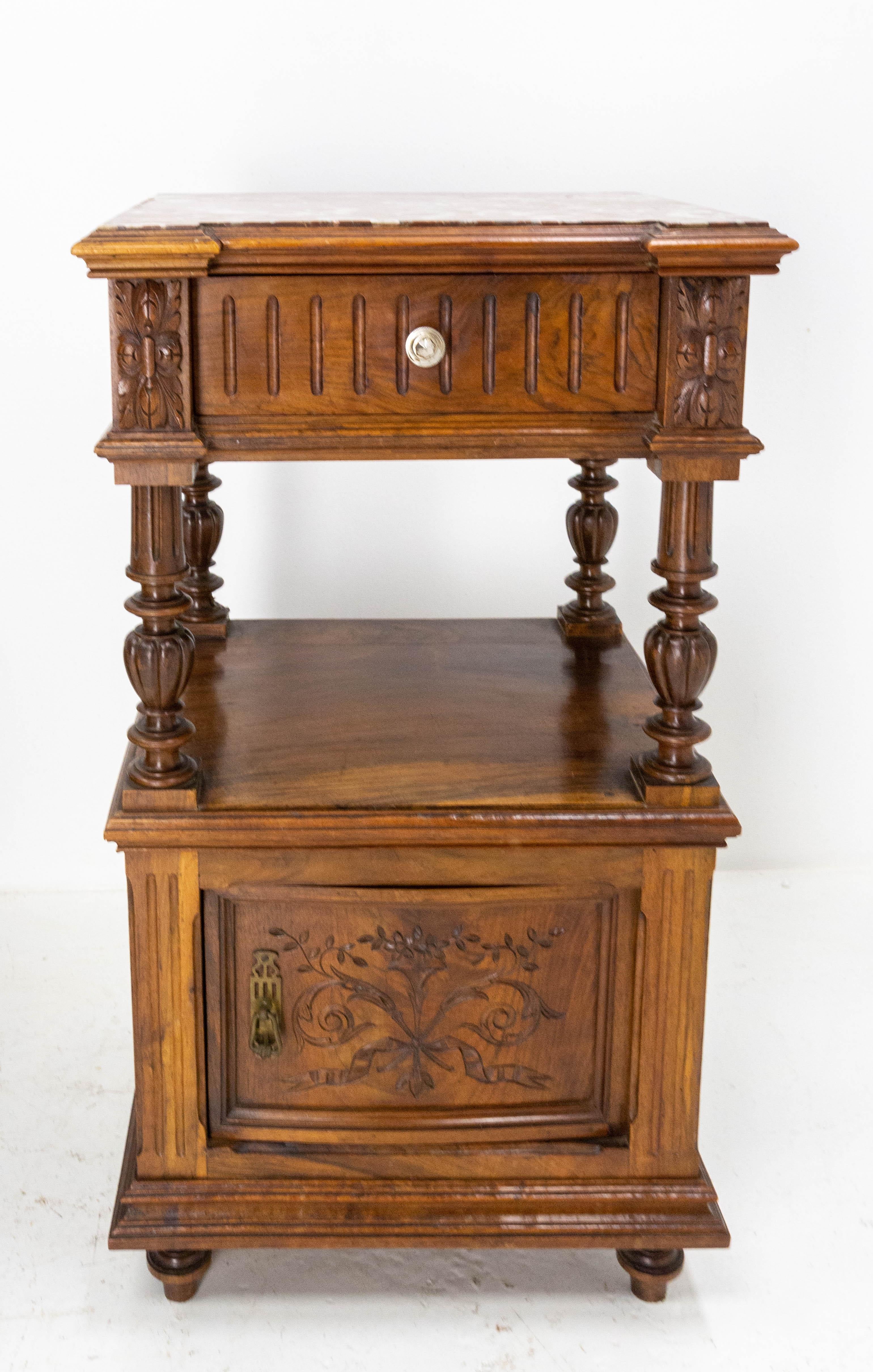 Pair of Nightstands Red Marble Walnut Bedside Tables Side Cabinets, French, 1910 4