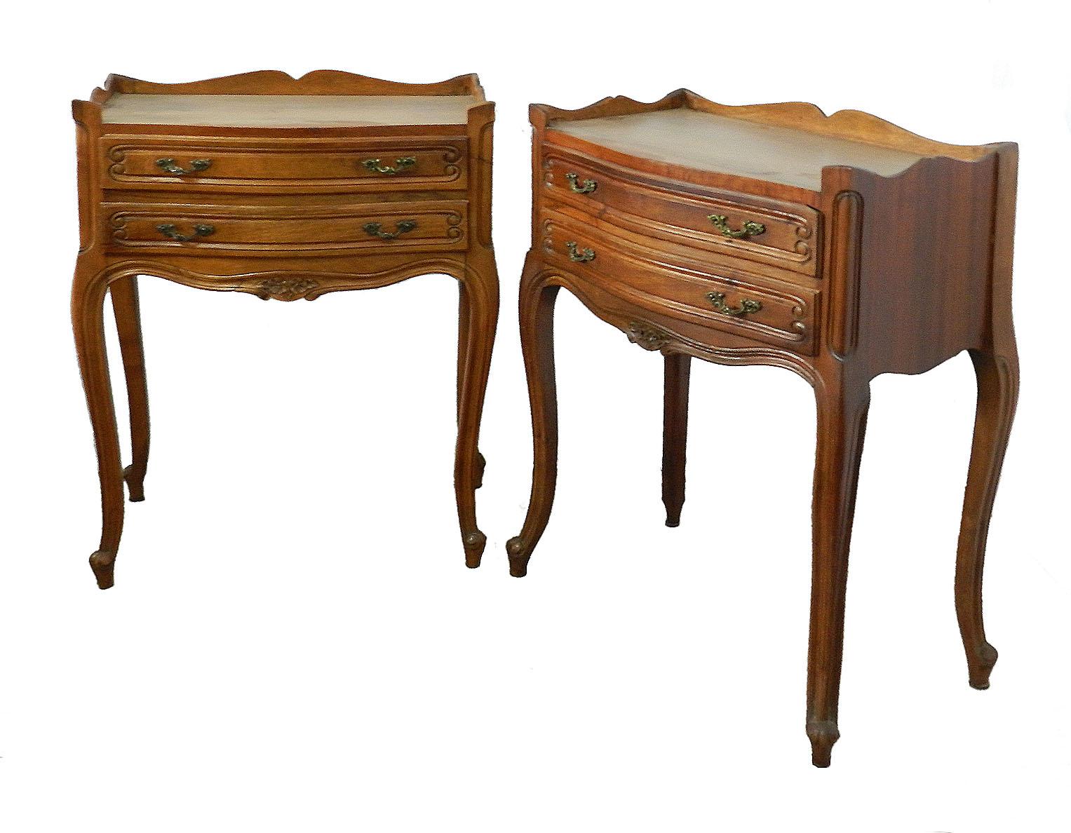 Pair of side cabinets French nightstands Louis XV revival
Each with a two drawer s
Walnut
Good condition with minor signs of use for their age, one drawer has lost a small piece of wood on one corner not obvious or distracting.







   