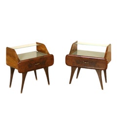 Pair of Nightstands Walnut Veneer Glass Vintage Italy, 1950s
