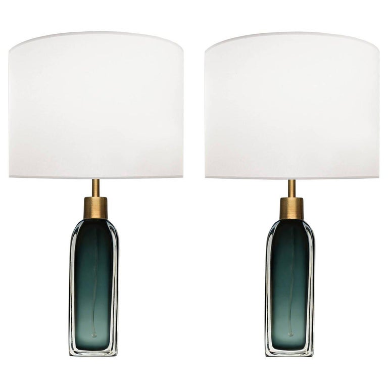 Swedish Pair of Nils Landberg for Orrefors Green Glass Lamps For Sale