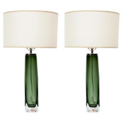 Pair of Nils Landberg for Orrefors Moss Green Glass Lamps