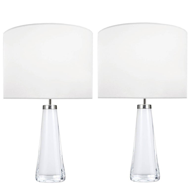 Pair of Nils Landberg for Orrefors White Glass Lamps For Sale at 1stDibs