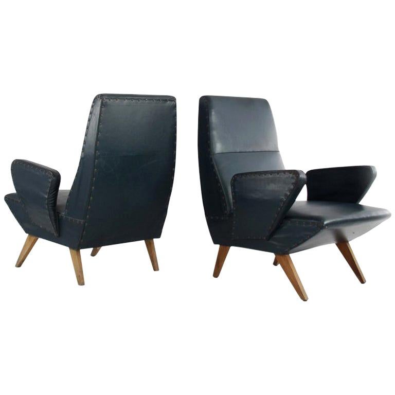 Pair of Nino Zoncada Armchairs of Dark Green Imitation Leather and Wooden Legs For Sale