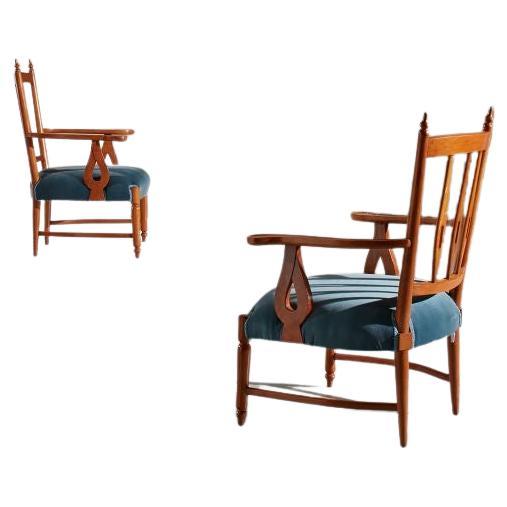 Pair of Nino Zoncada Armchairs with Cherry Wood Frame & Padded Velvet Upholstery For Sale
