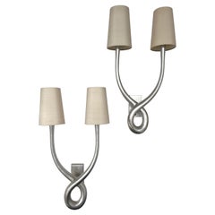Pair of Node Sconces Cast Metal Silver Leaf by Lucien Gau, France, 1980s