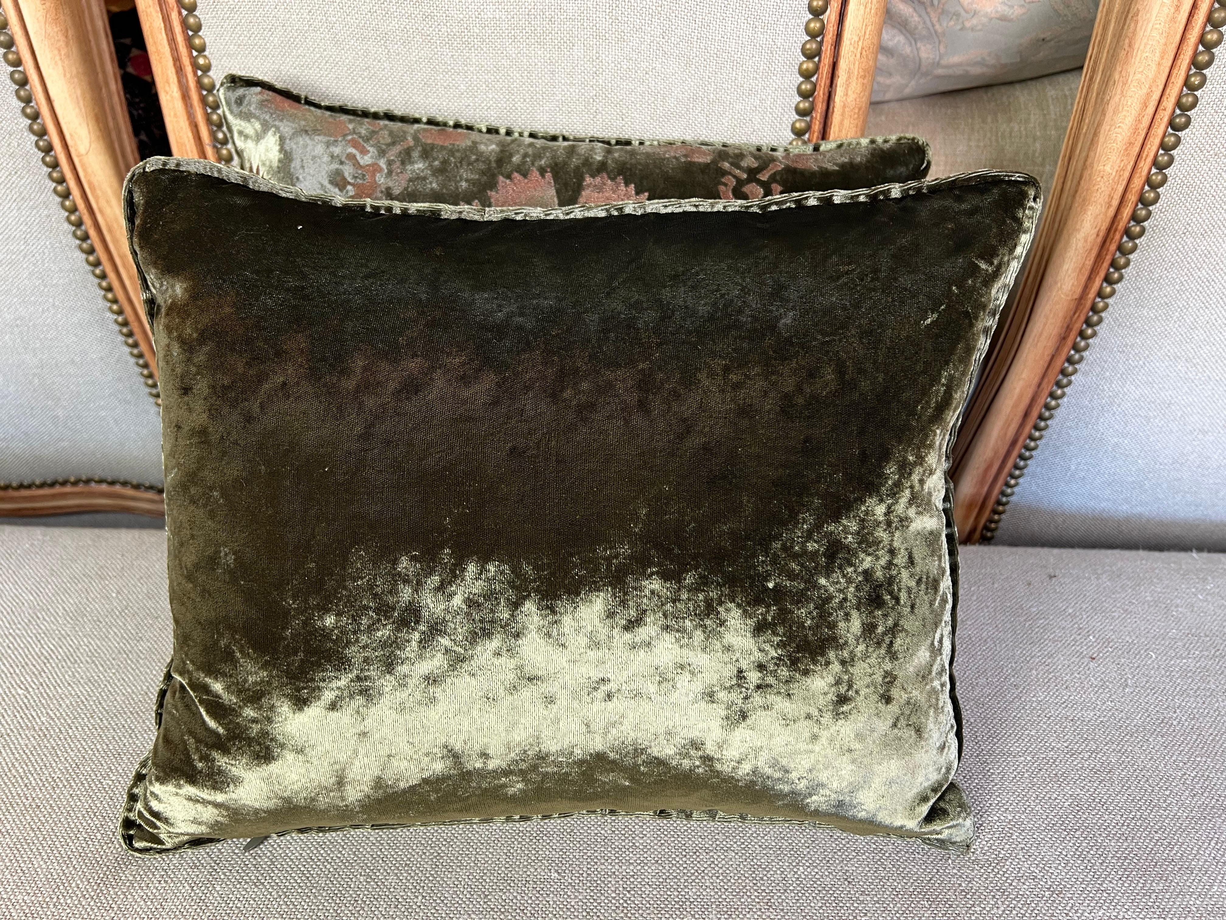 20th Century Pair of Nomi Silk Velvet Olive Pillows w/ Metallic Stenciling