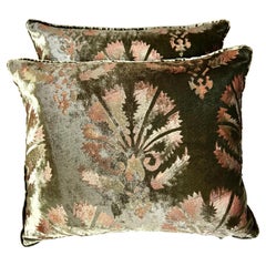 Vintage Pair of Nomi Silk Velvet Olive Pillows w/ Metallic Stenciling
