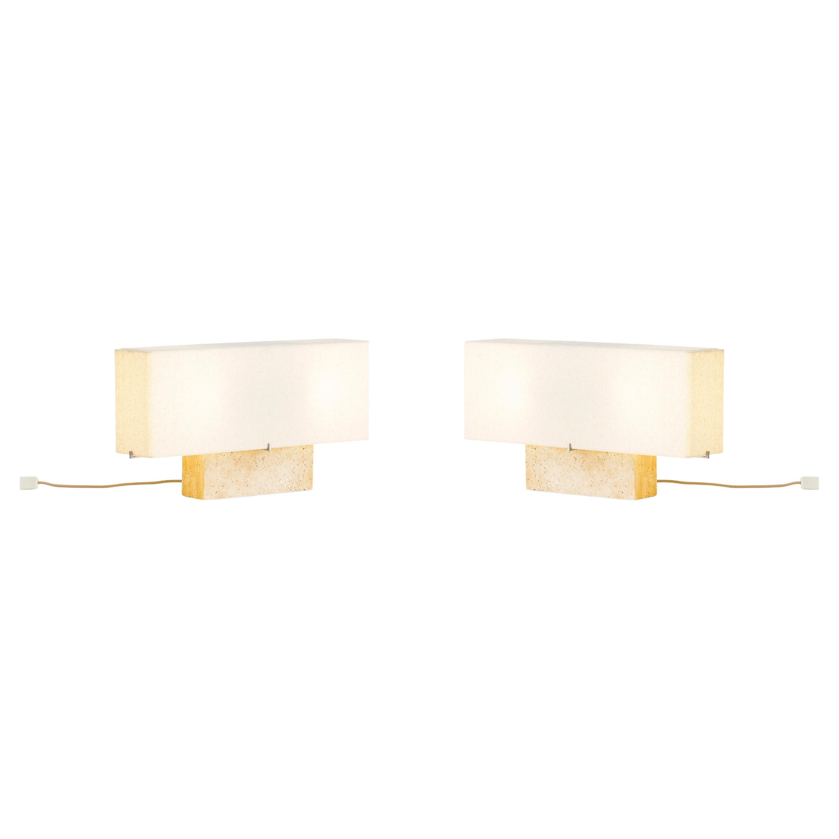 Pair of Nonna Table Lamps H30, Travertine/Linen by Kroyer-Saetter-Lassen, Audo