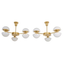 Pair of Nordic Modern Chandeliers, Brass & Glass, Klaus Michalik, Orno 1980s