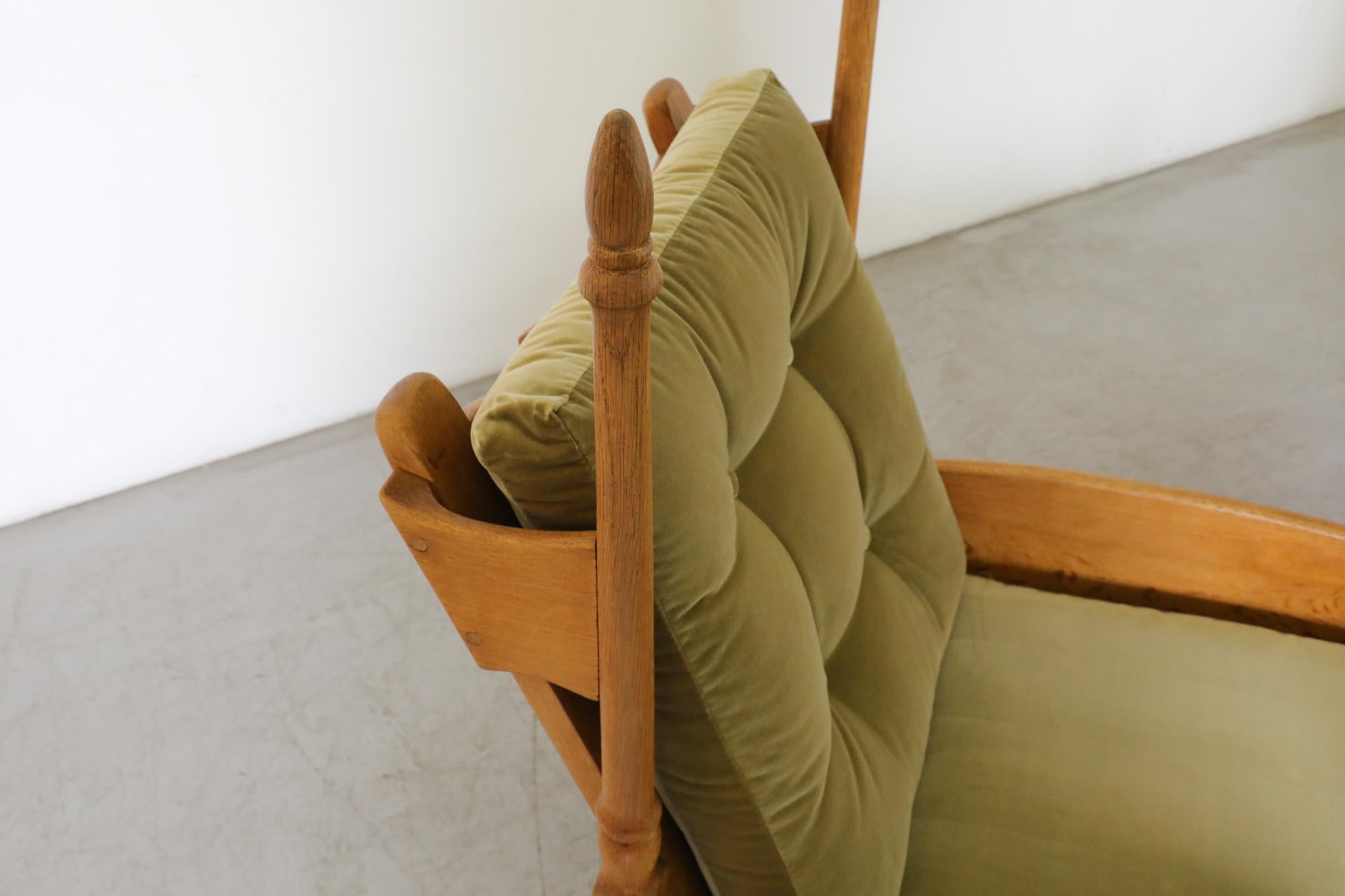 Pair of Brutalist Oak & Leaf Green Velvet Throne-Like Lounge Chairs w/ Finials For Sale 5