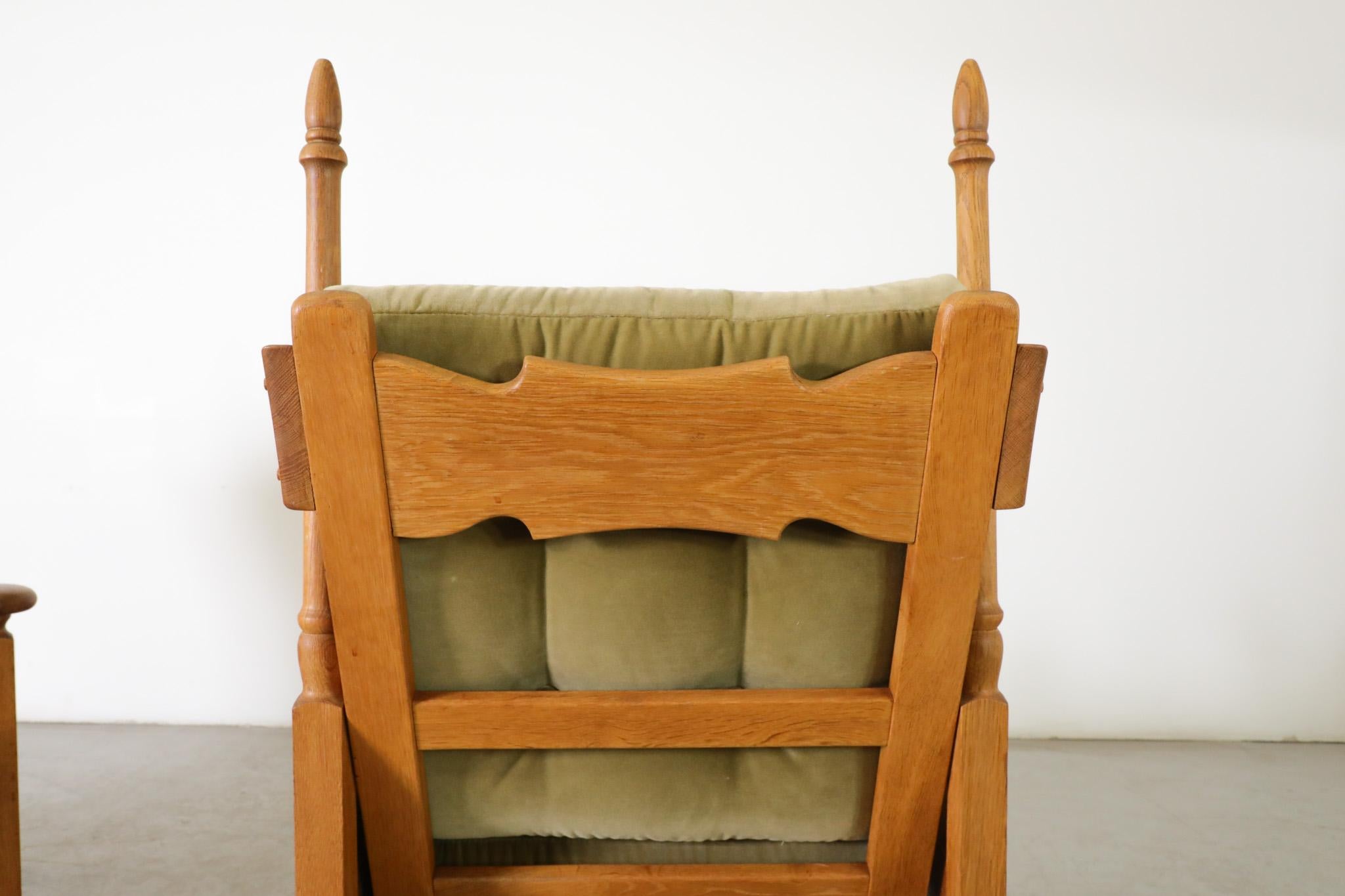Pair of Brutalist Oak & Leaf Green Velvet Throne-Like Lounge Chairs w/ Finials For Sale 12