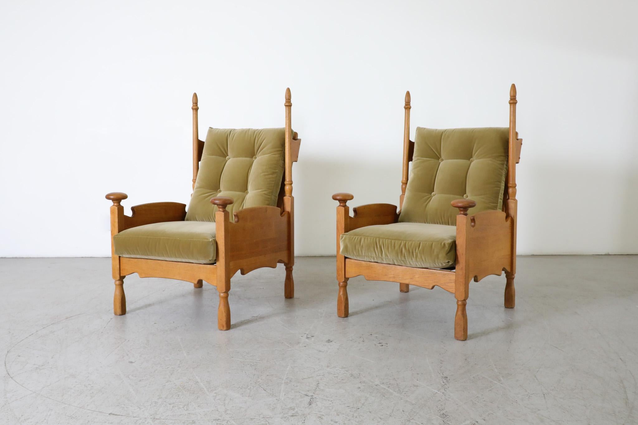 Rare and distinctively shaped oak lounge chairs, adorned with large rounded finials at the front and high horn-shaped rods at the back. Very little information is available about these chairs but they are both visually appealing and extremely