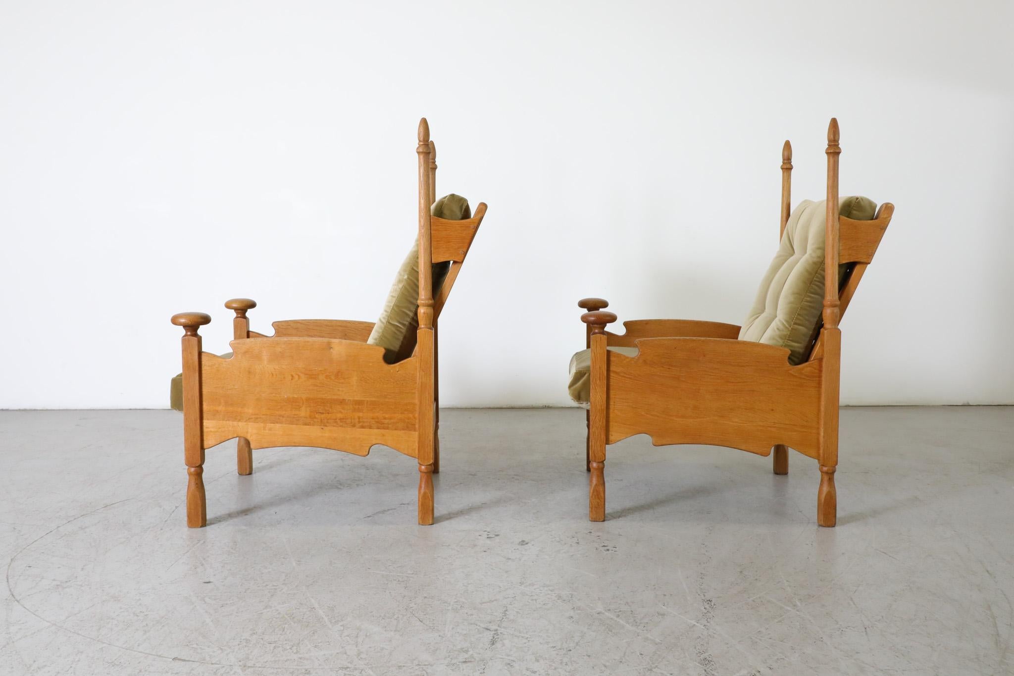Mid-Century Modern Pair of Brutalist Oak & Leaf Green Velvet Throne-Like Lounge Chairs w/ Finials For Sale