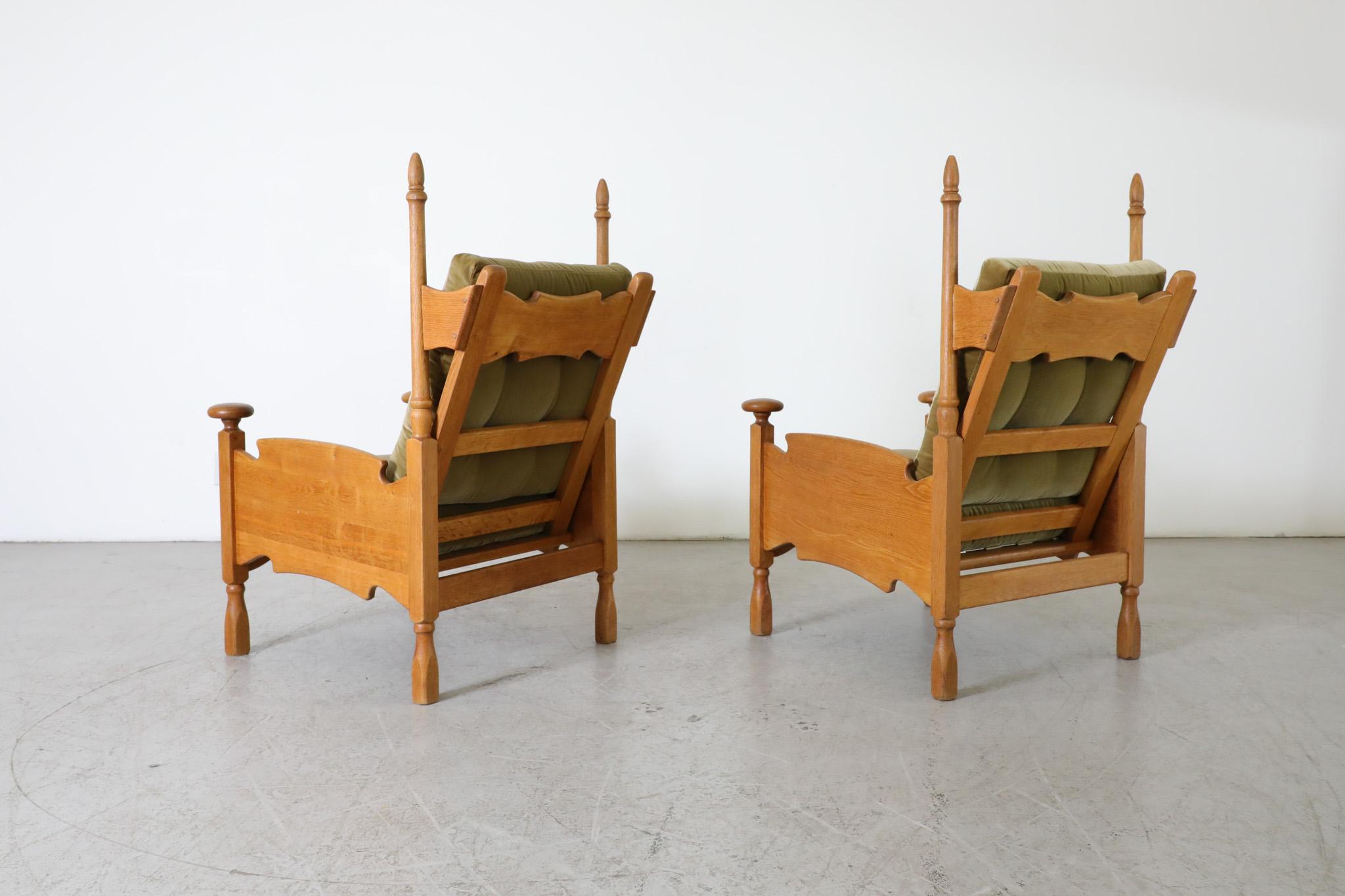 Dutch Pair of Brutalist Oak & Leaf Green Velvet Throne-Like Lounge Chairs w/ Finials For Sale