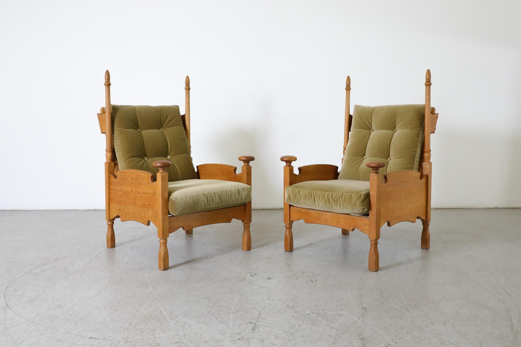 Mid-20th Century Pair of Brutalist Oak & Leaf Green Velvet Throne-Like Lounge Chairs w/ Finials For Sale