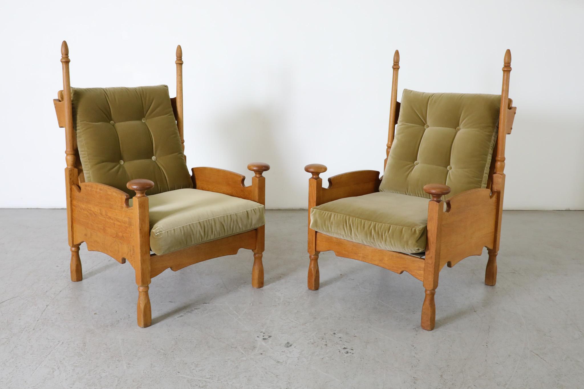 Pair of Nordic Oak and Leaf Green Velvet Throne-Like Lounge Chairs For Sale 1