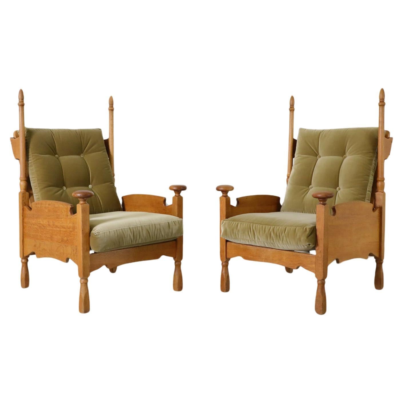 Pair of Brutalist Oak & Leaf Green Velvet Throne-Like Lounge Chairs w/ Finials