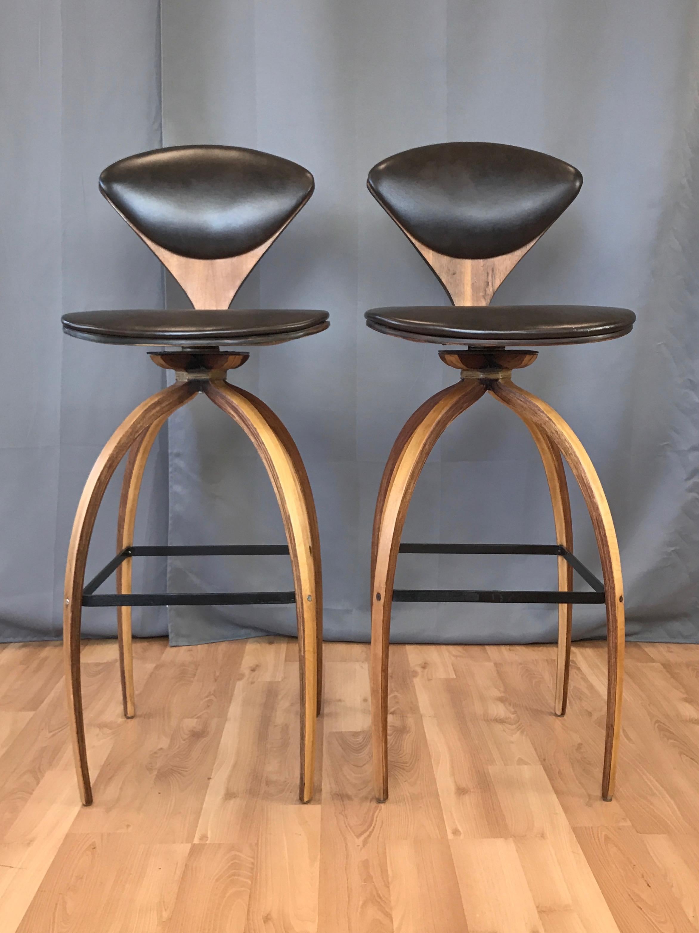 American Pair of Norman Cherner for Plycraft Tall Walnut Swivel Barstools, 1960s
