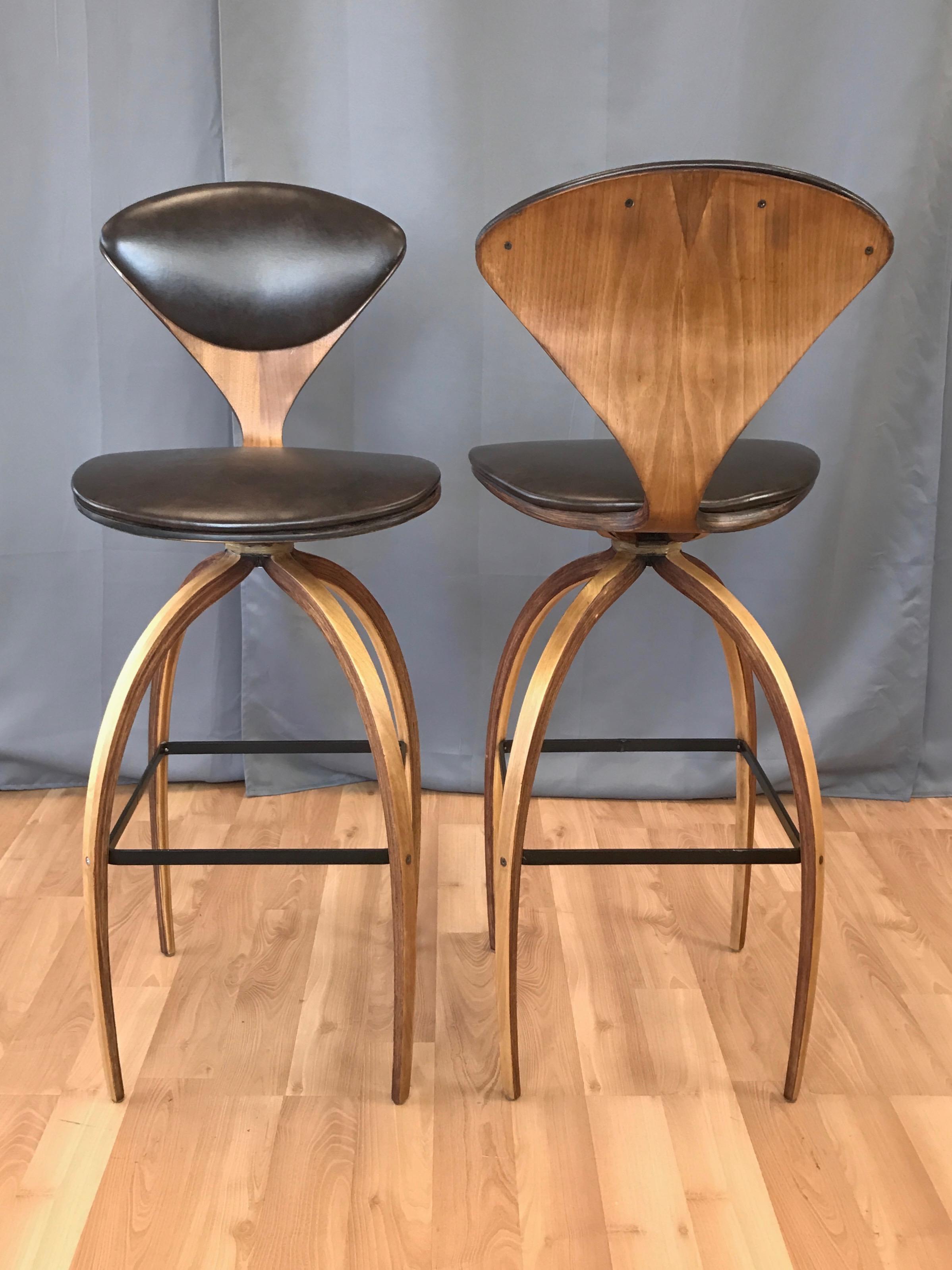 Veneer Pair of Norman Cherner for Plycraft Tall Walnut Swivel Barstools, 1960s