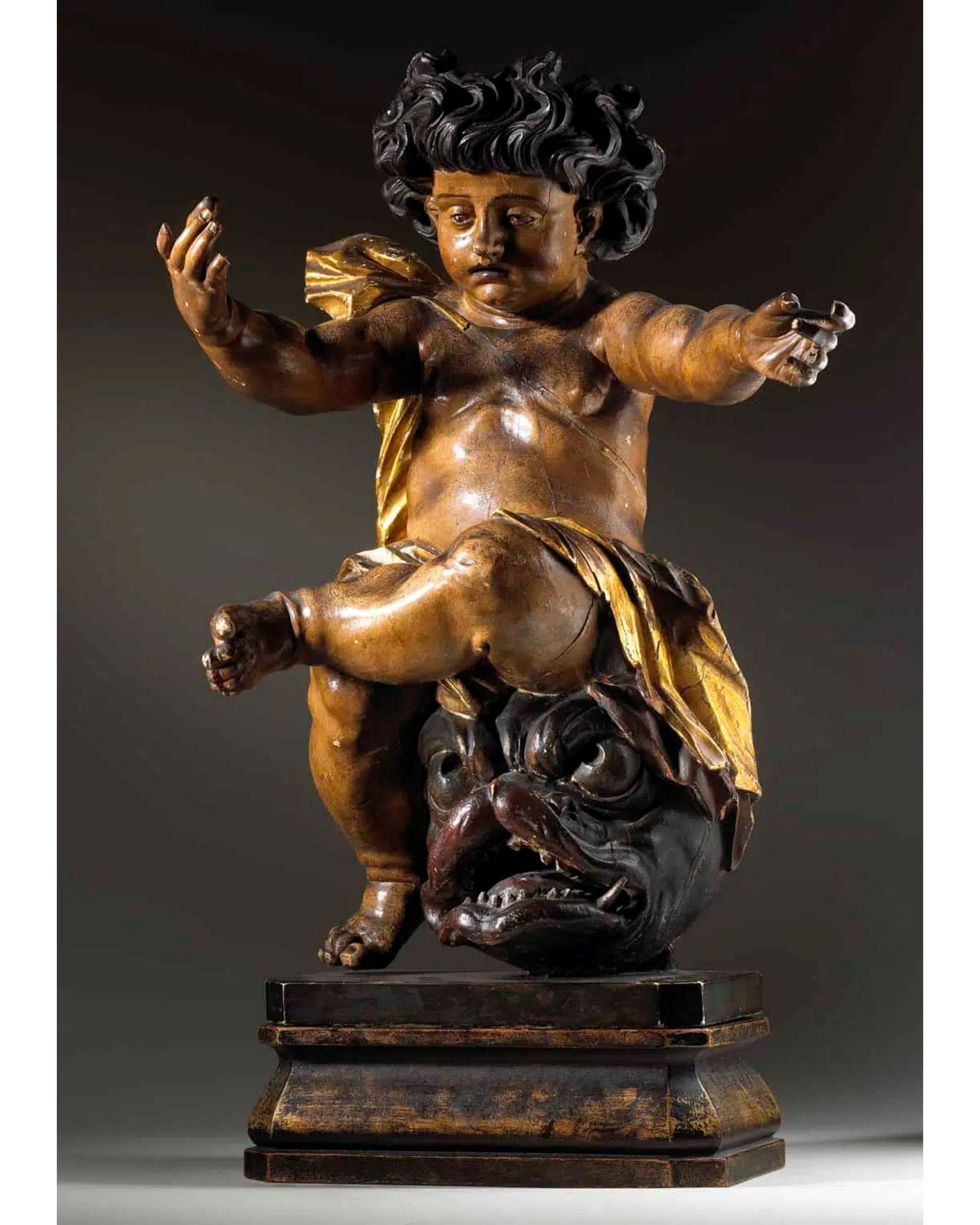 A pair of mid 17th century carved wooden and painted highly animated triumphant cherubs

Each seated on the heads satanic gargoyles. Parcel-gilt and retaining their original paint surface.

Additional information: 
Origin: Netherlands
Period: Circa