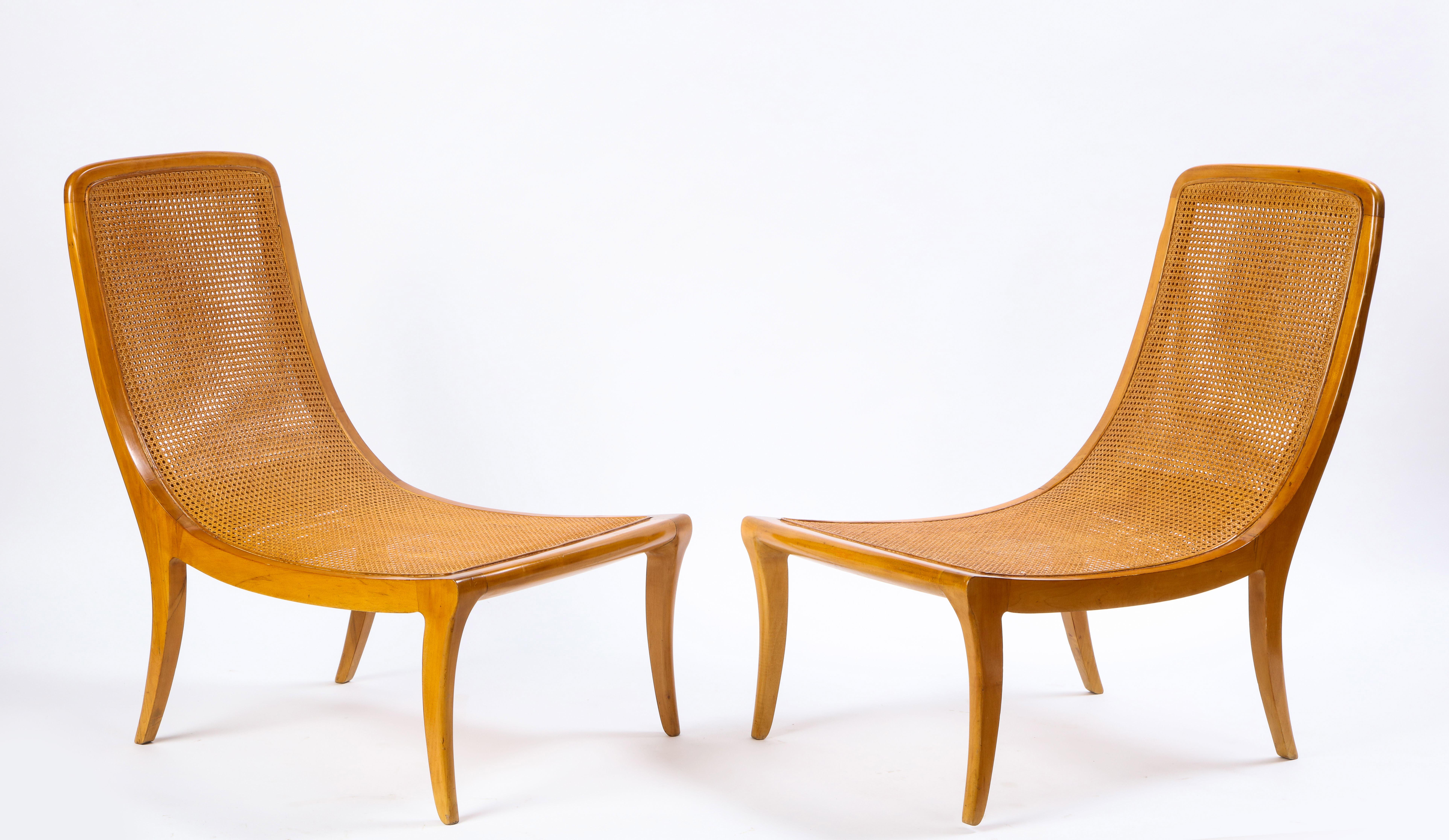 Pair of North European Caned Birch Chaises, Mid-20th Century In Good Condition For Sale In New York, NY