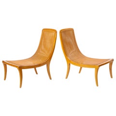 Pair of North European Caned Birch Chaises, Mid-20th Century