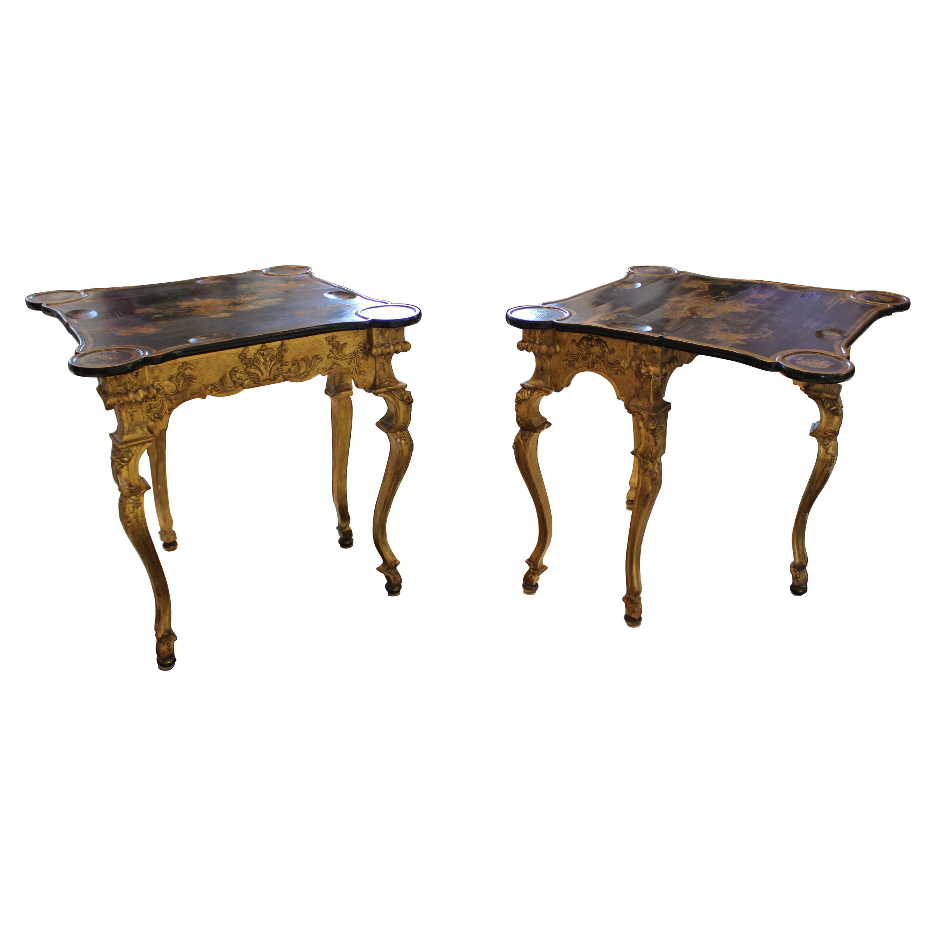 Pair of North European Giltwood Game Tables with Chinese Export Lacquer Tops