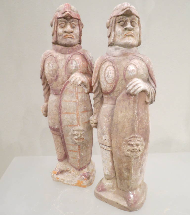 18th Century and Earlier Pair of Northern Ch'i Dynasty Painted Pottery Warrior Guardians