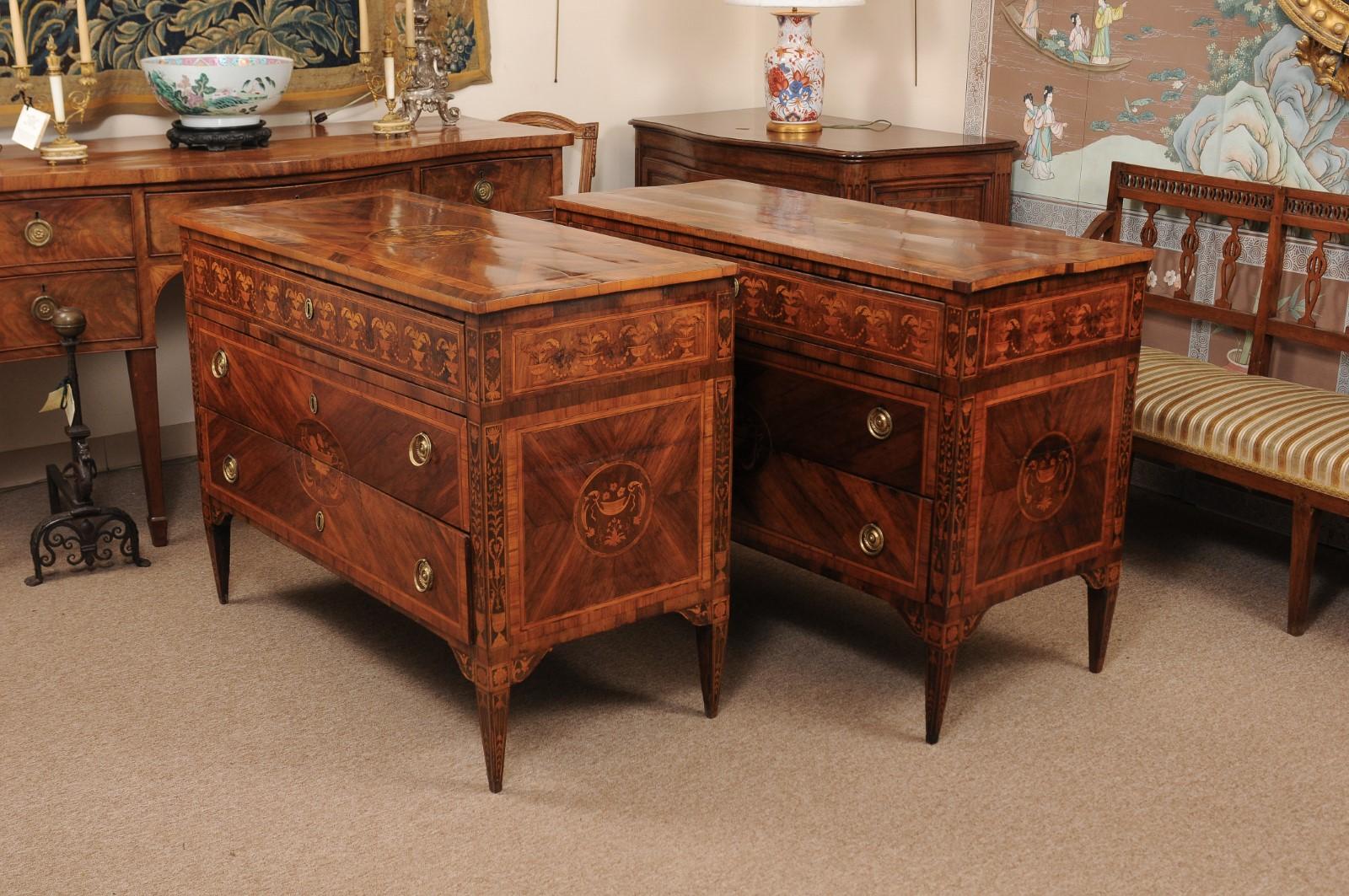 Pair of Northern Italian Neoclassical Marquetry Inlaid Commodes, circa 1800 2