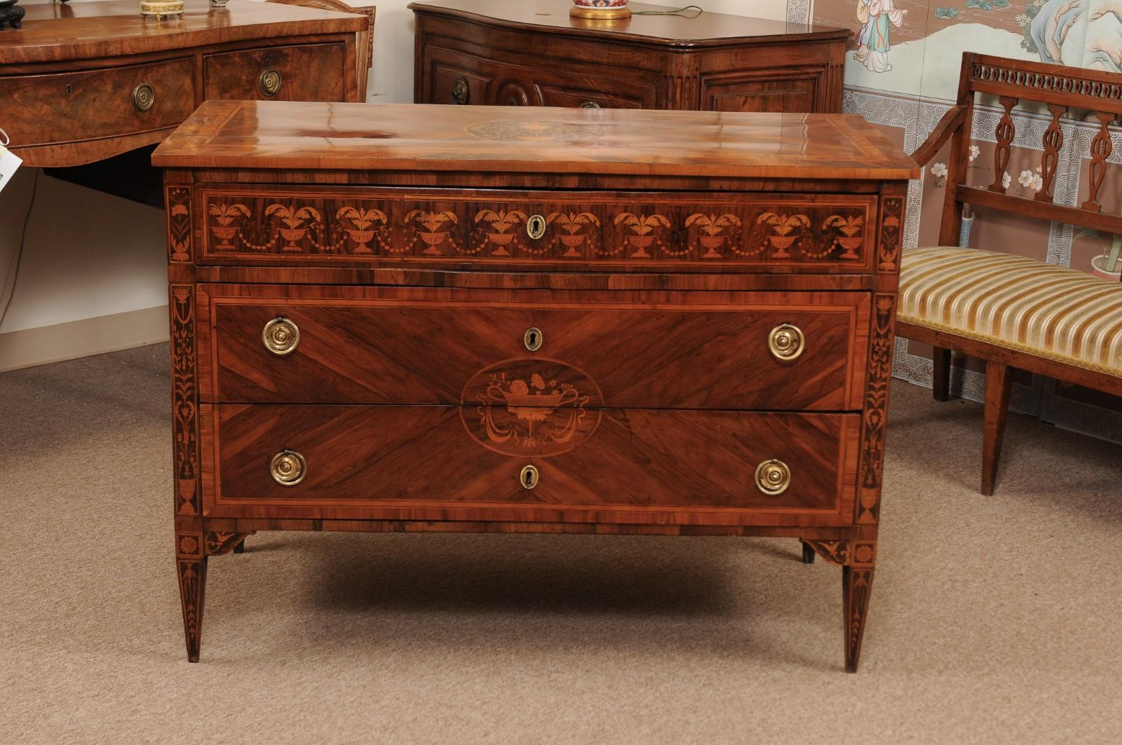 Pair of Northern Italian Neoclassical Marquetry Inlaid Commodes, circa 1800 3