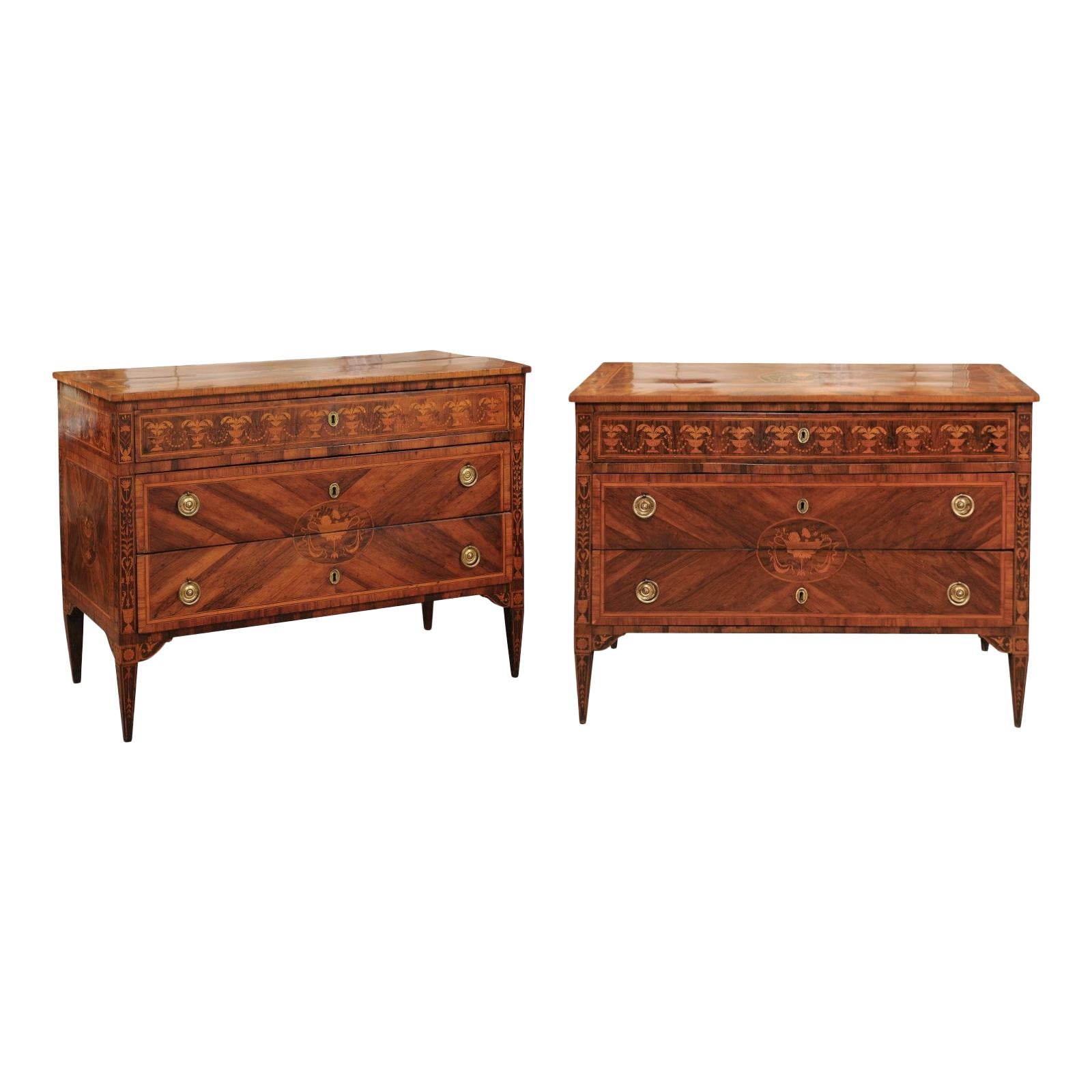 Pair of Northern Italian Neoclassical Marquetry Inlaid Commodes, circa 1800