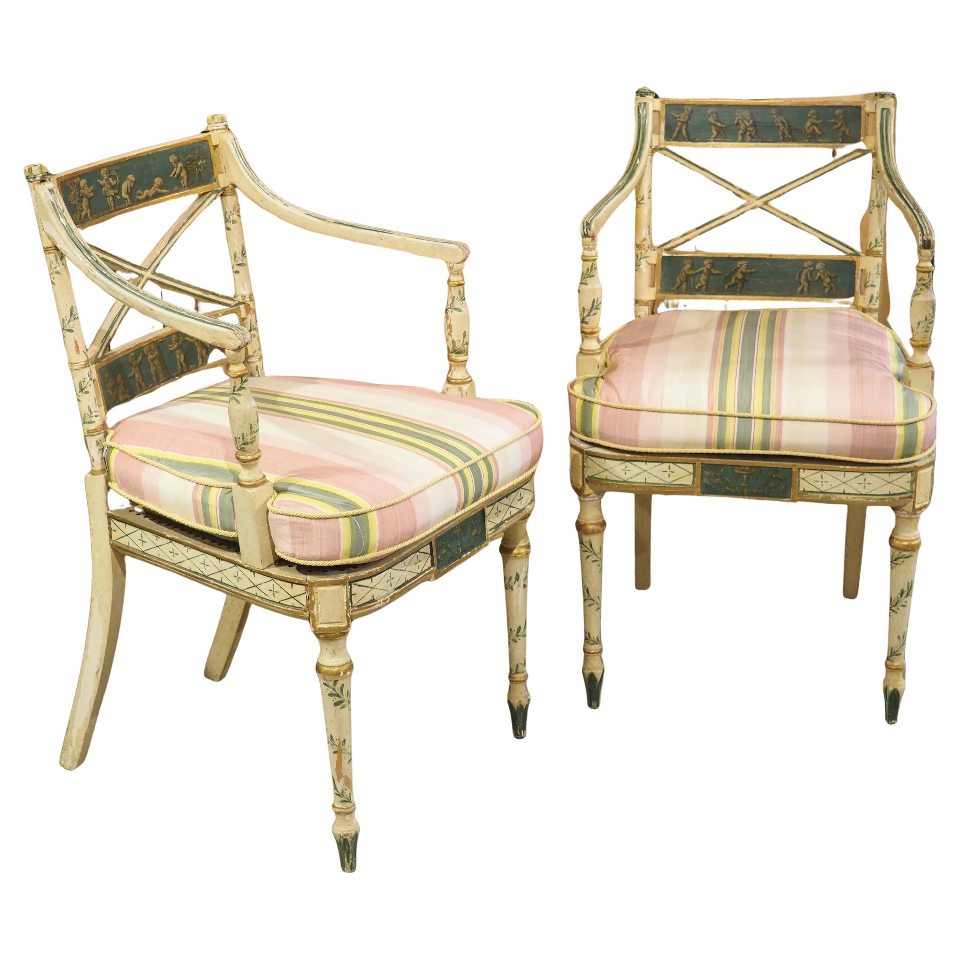 Pair of Northern Italian Neoclassical Painted Wooden Armchairs, Circa 1830s For Sale