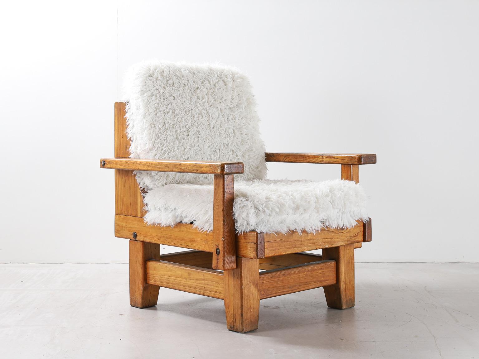 Wood Pair of Northern Spanish Armchairs with Sheepskin Upholstered Cushions For Sale