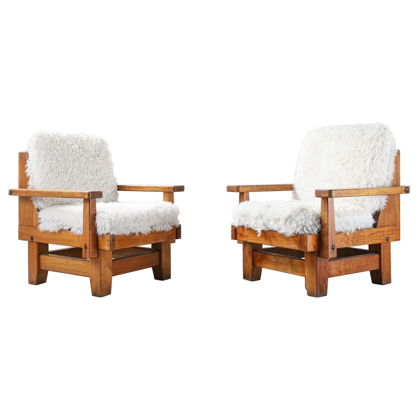 Pair of Northern Spanish Armchairs with Sheepskin Upholstered Cushions