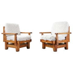 Vintage Pair of Northern Spanish Armchairs with Sheepskin Upholstered Cushions