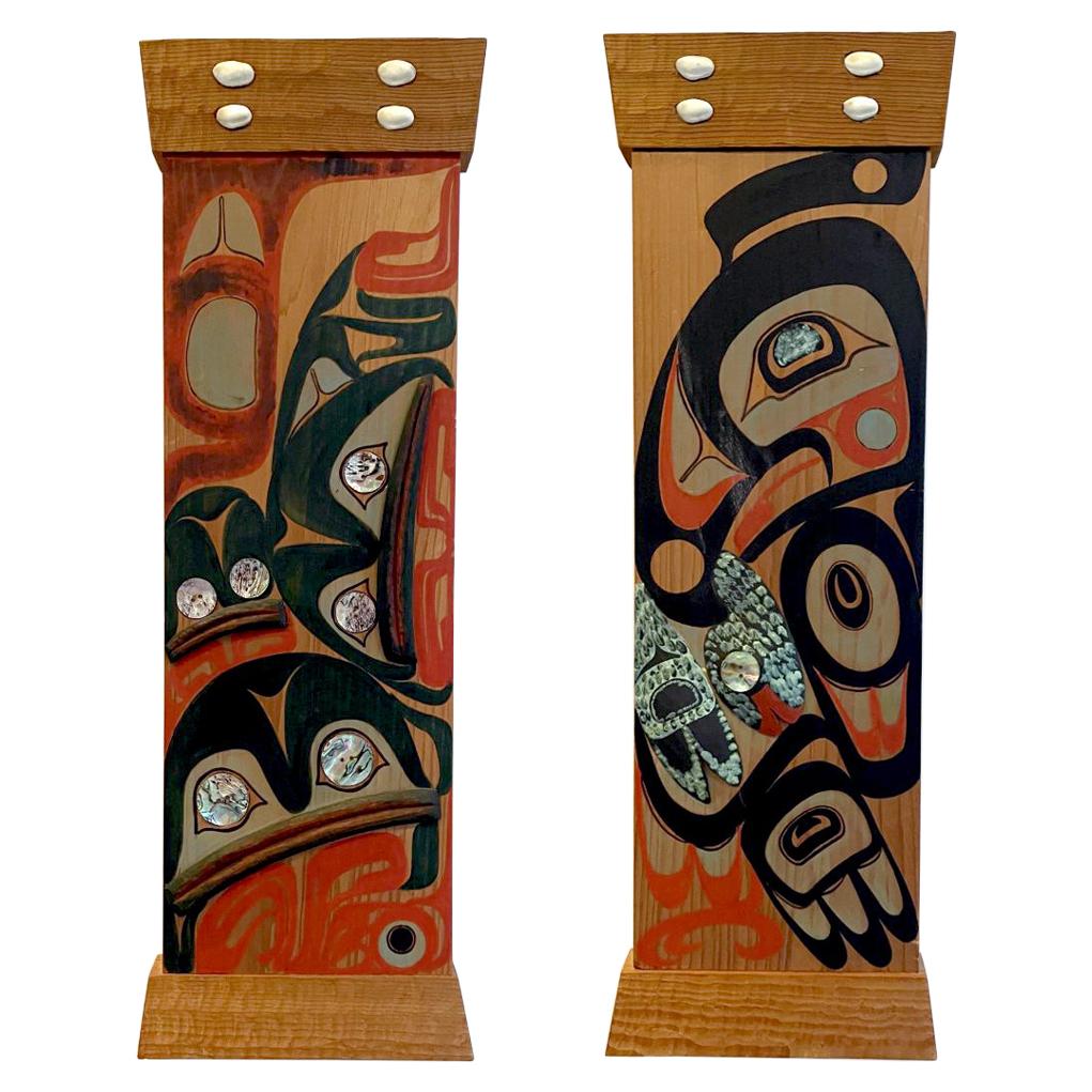 Pair of Northwest Coast Native Carved and Painted Cedar Panels