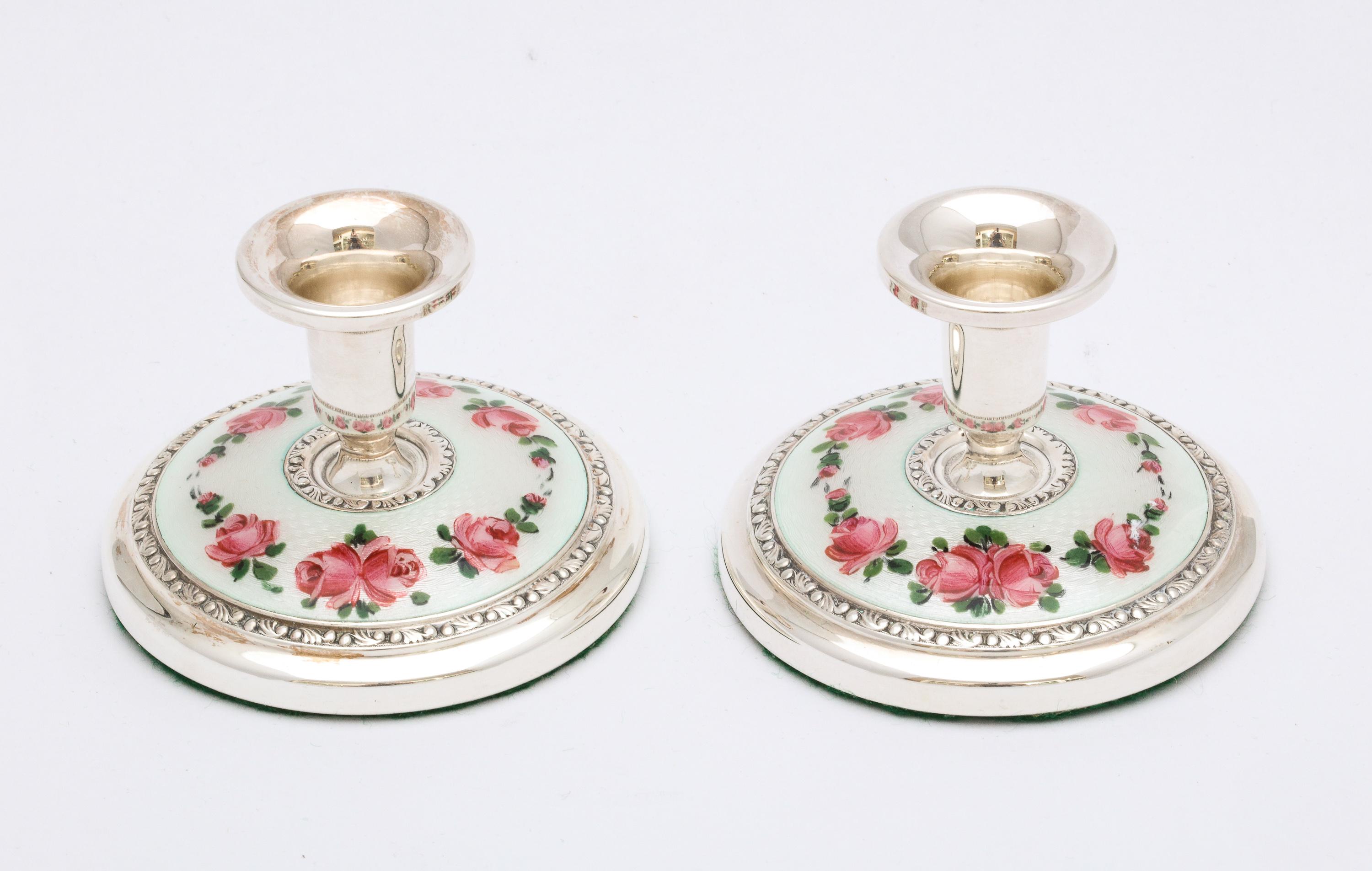 Pair of Norwegian Art Deco Sterling Silver and Guilloche Enamel Candlesticks 6