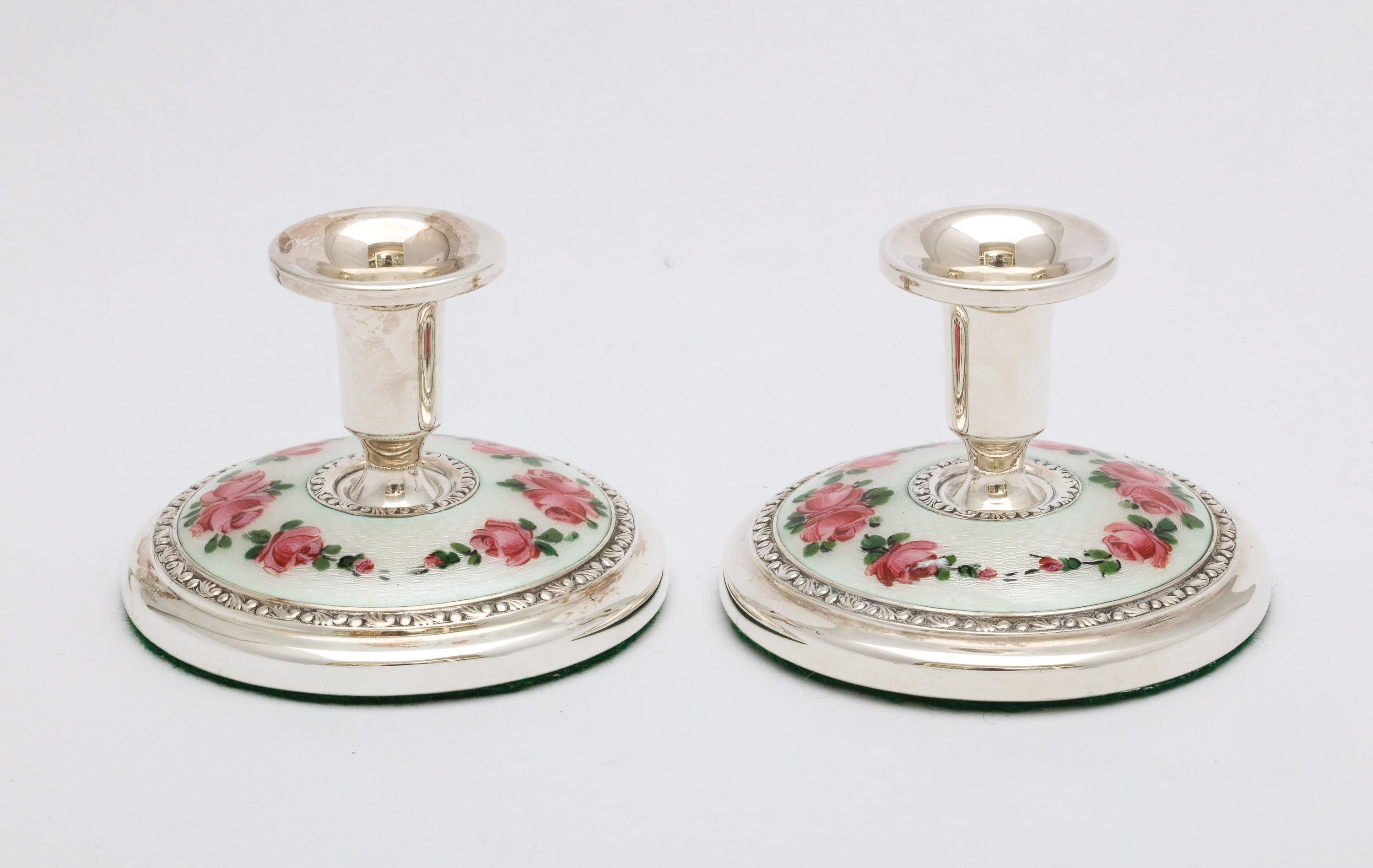 Pair of Norwegian Art Deco Sterling Silver and Guilloche Enamel Candlesticks In Good Condition In New York, NY