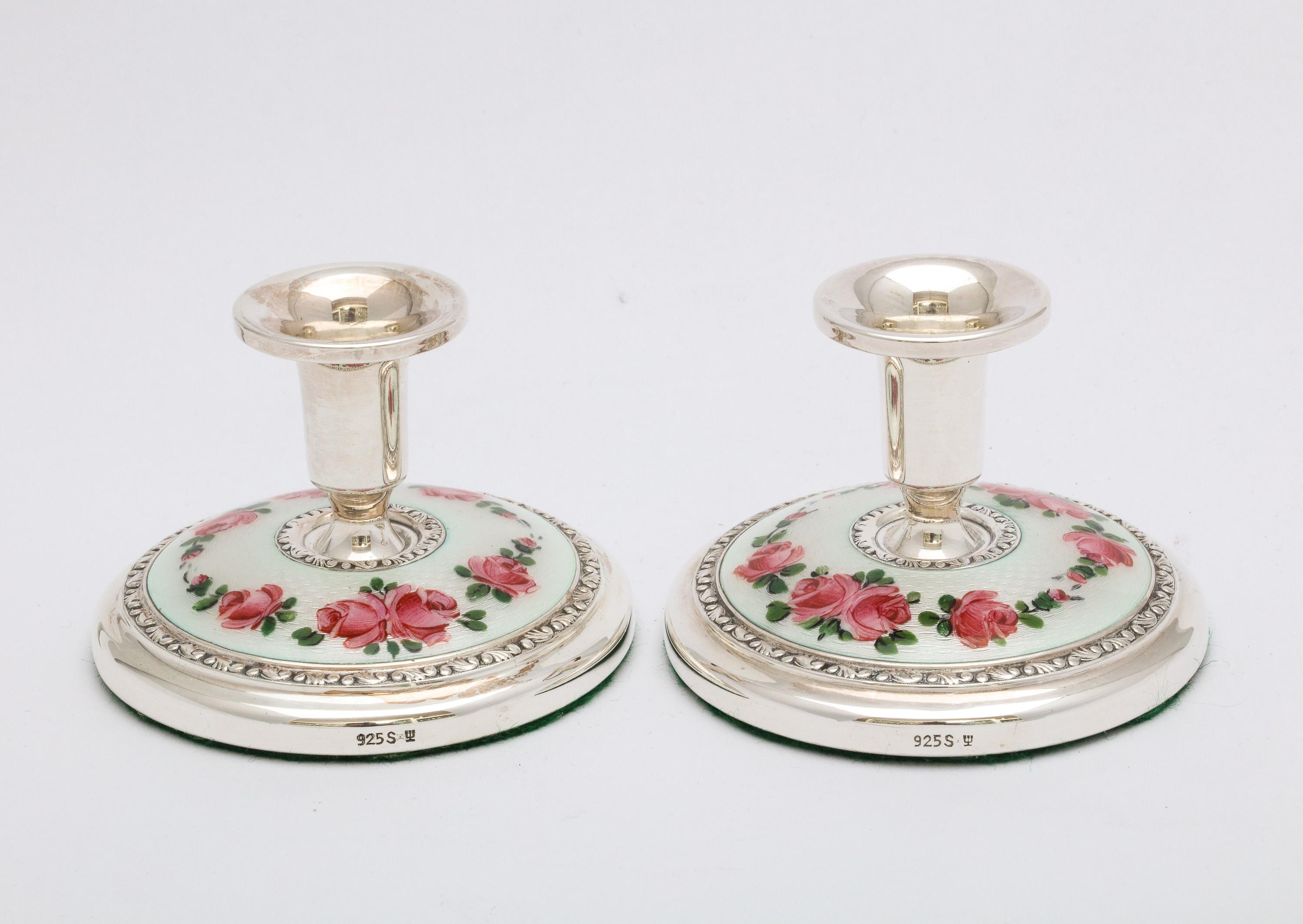 Mid-20th Century Pair of Norwegian Art Deco Sterling Silver and Guilloche Enamel Candlesticks